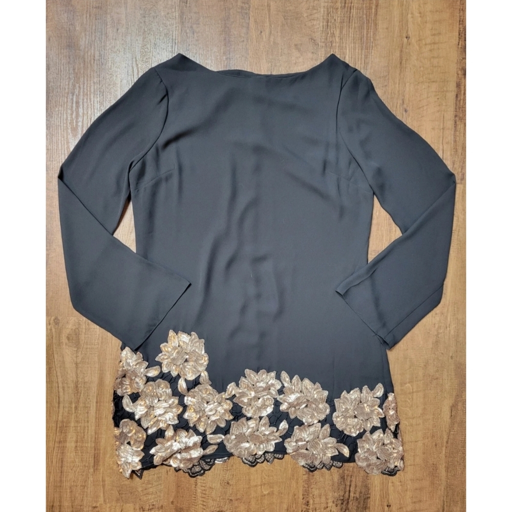 le chateau Black Long Sleeve Shift Dress with Gold Floral Lace Hem